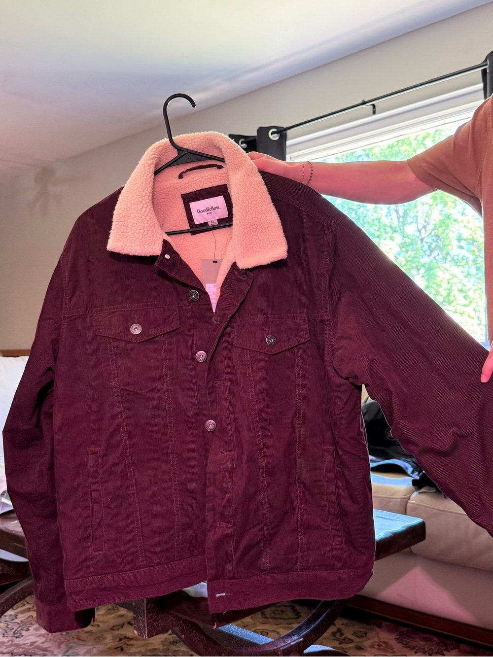 Goodfellow & Co Burgundy Jacket with Cream Sherpa Collar